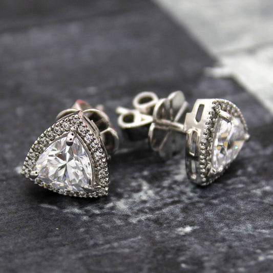 VVS Moissanite Halo Trillion Solitaire Stud Earrings 18K Plated Gold