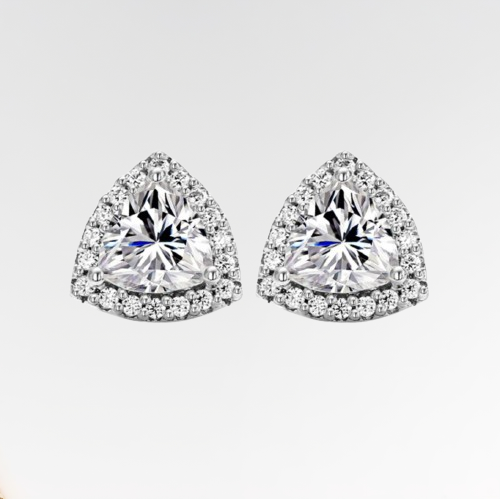 VVS Moissanite Halo Trillion Solitaire Stud Earrings 18K Plated Gold